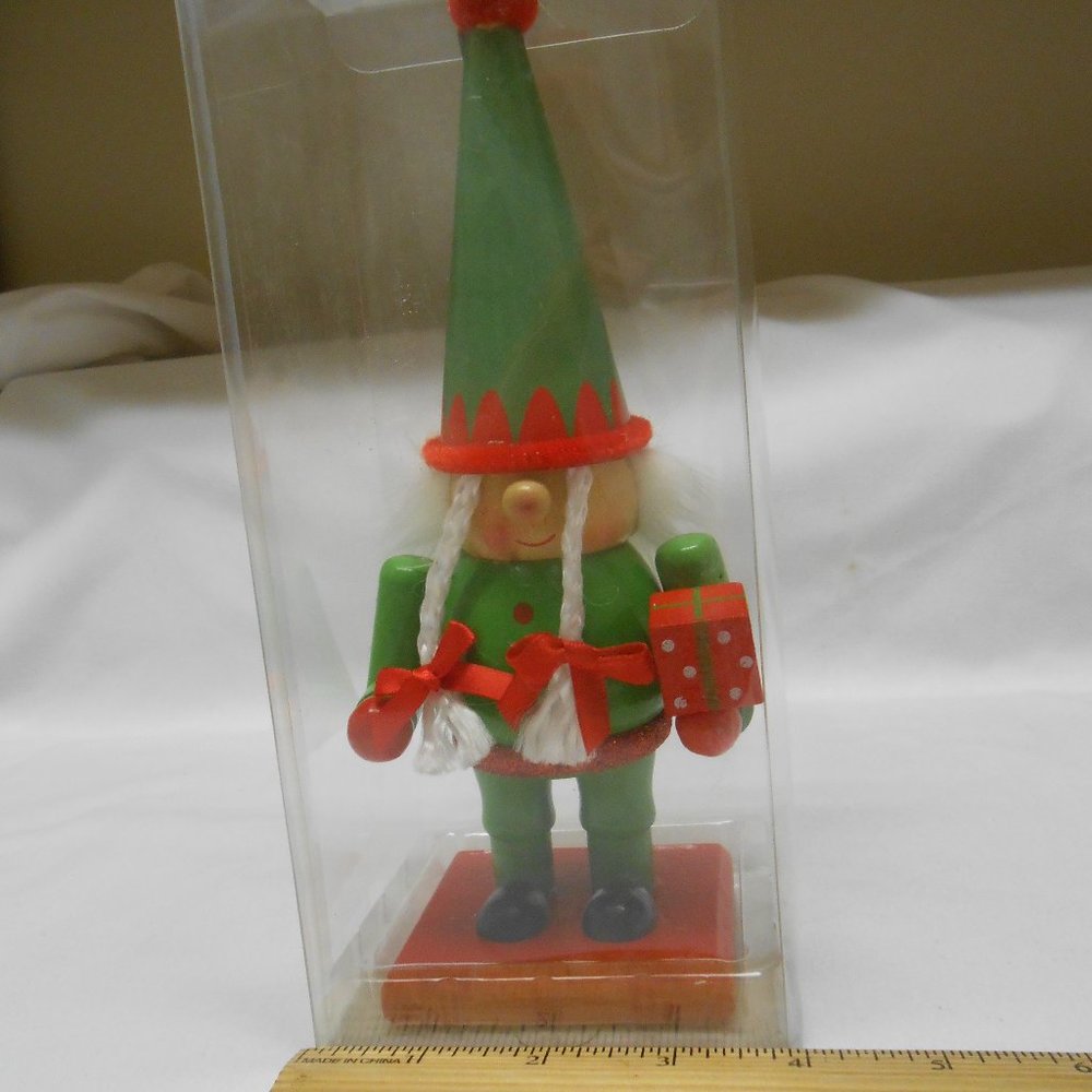 New Christmas Gnome Wooden Nutcracker 9 inches white hair braids holding 🎁